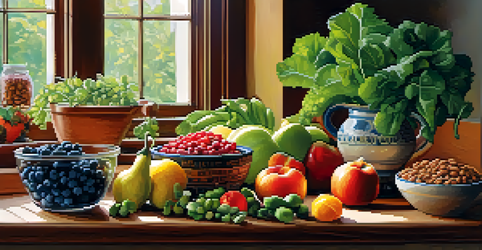 A colorful assortment of fresh fruits and vegetables on a wooden countertop, illuminated by sunlight.