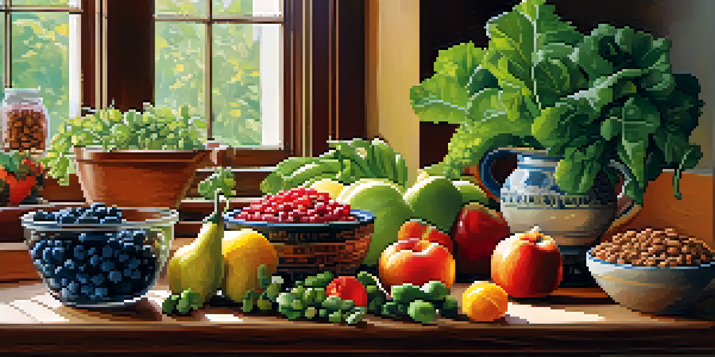 A colorful assortment of fresh fruits and vegetables on a wooden countertop, illuminated by sunlight.