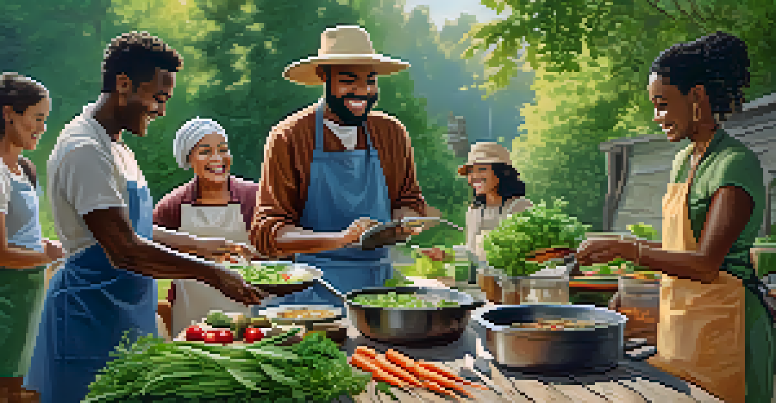 A group of friends cooking together outdoors with fresh organic ingredients.