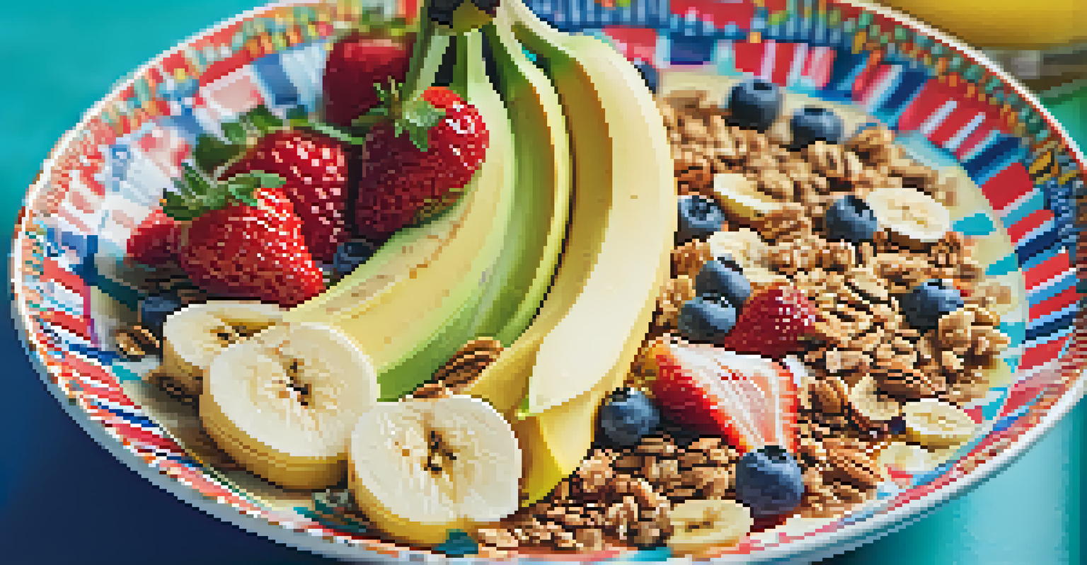 A smoothie bowl topped with bananas, strawberries, and granola on a colorful plate, with a glass of juice beside it.