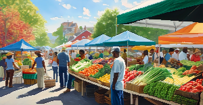 A lively farmer's market with colorful fruits and vegetables, people selecting fresh produce under bright sunlight.