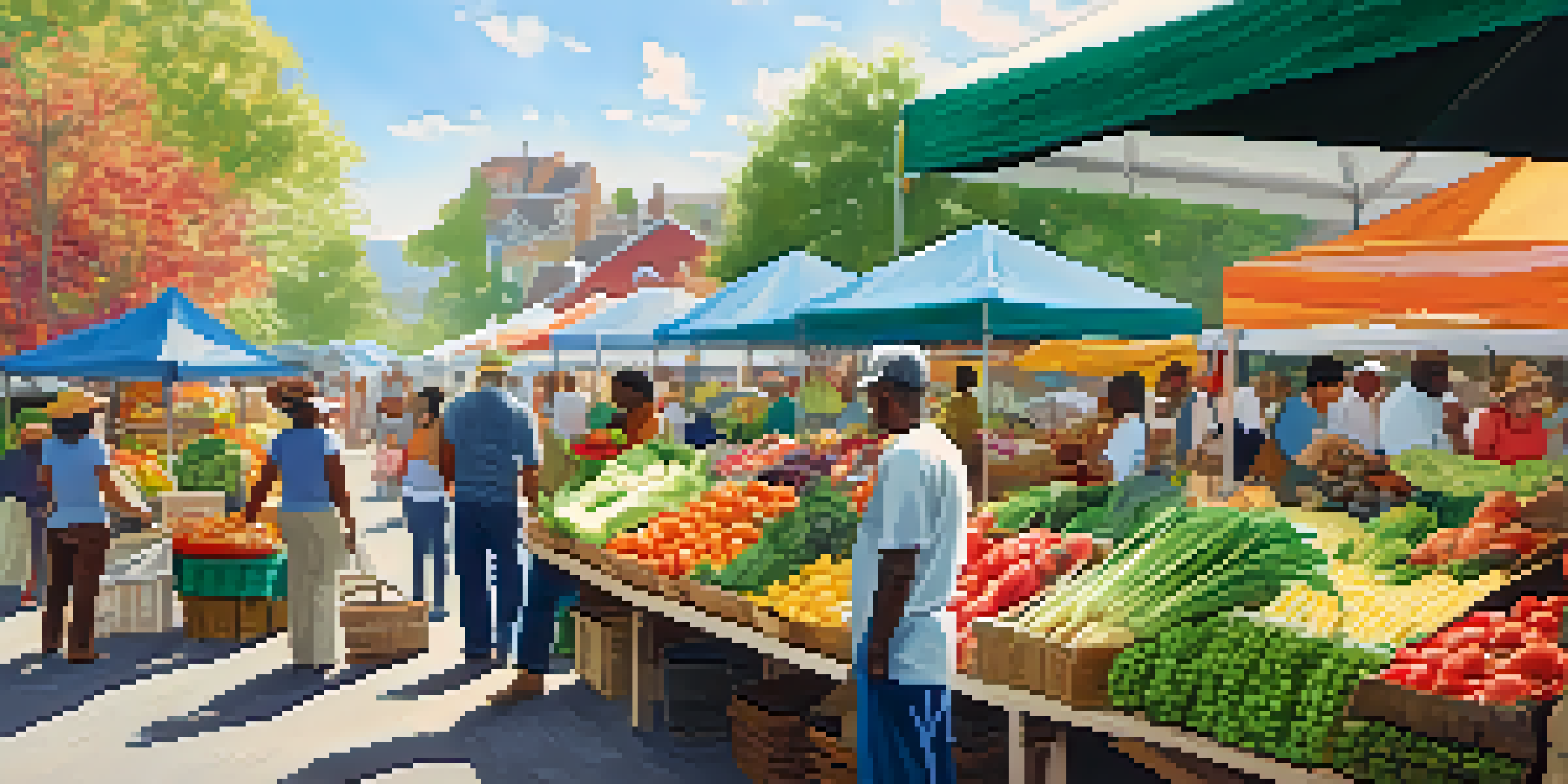 A lively farmer's market with colorful fruits and vegetables, people selecting fresh produce under bright sunlight.