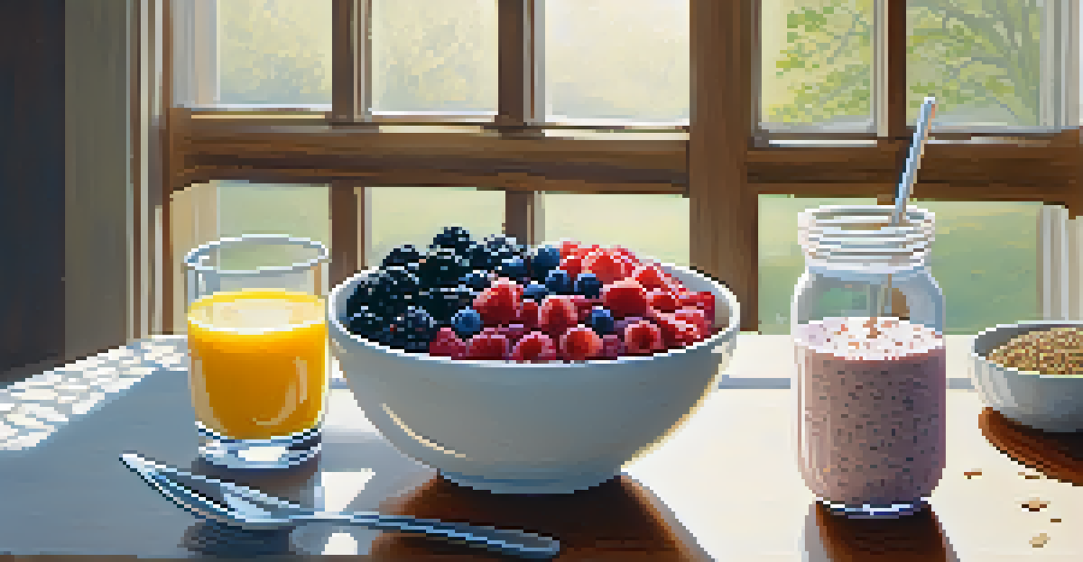 A breakfast table with oatmeal topped with berries and almonds, and a smoothie with chia seeds, illuminated by morning sunlight.