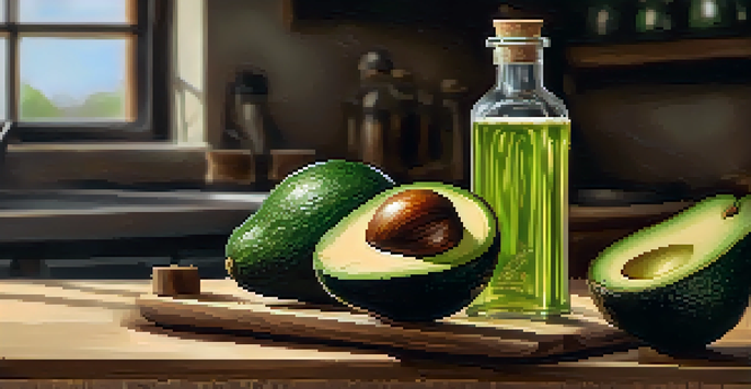 A bottle of cold-pressed avocado oil on a wooden kitchen counter, surrounded by fresh avocados and a bowl of sliced avocados, illuminated by soft natural light.