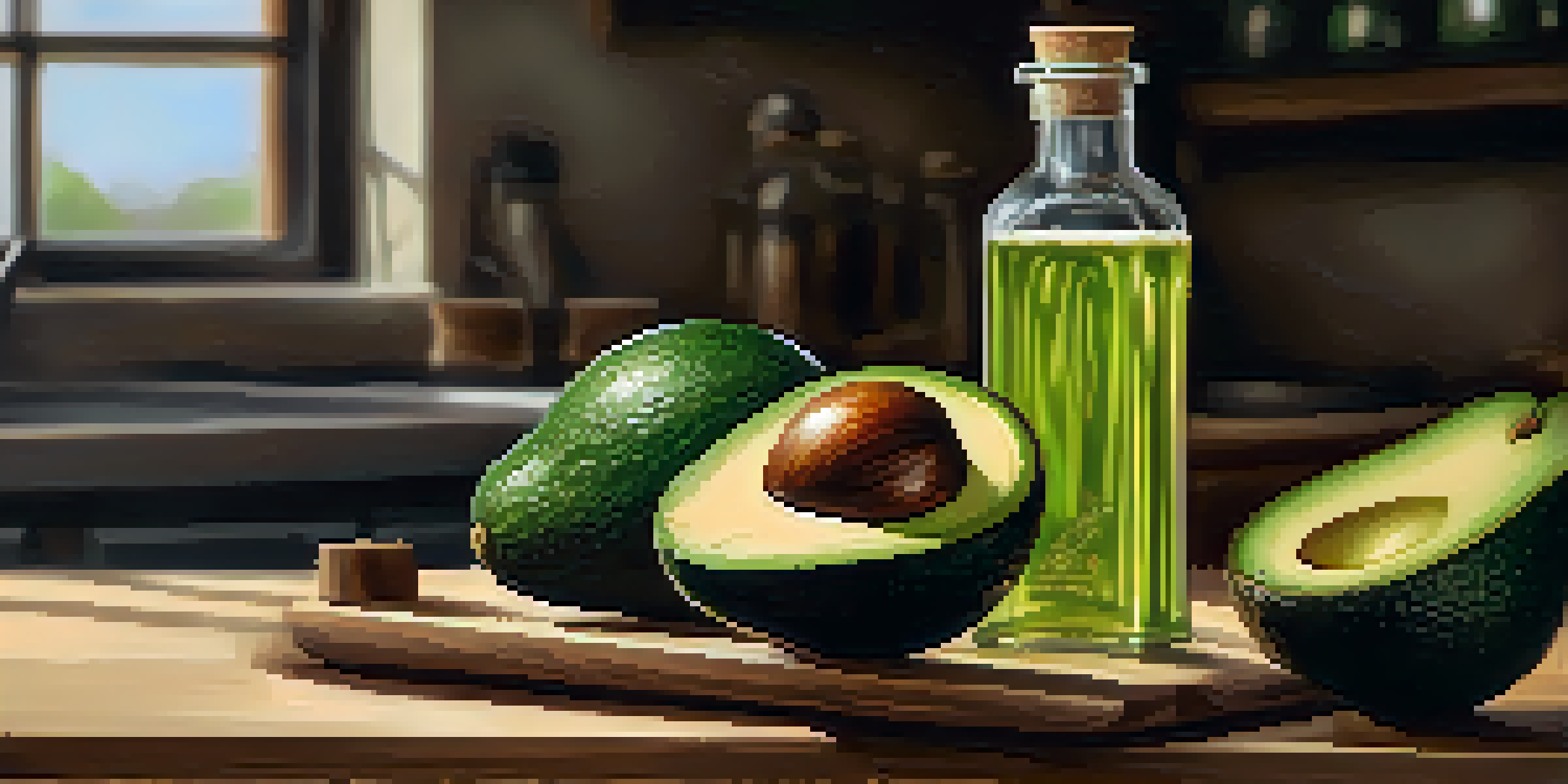 A bottle of cold-pressed avocado oil on a wooden kitchen counter, surrounded by fresh avocados and a bowl of sliced avocados, illuminated by soft natural light.