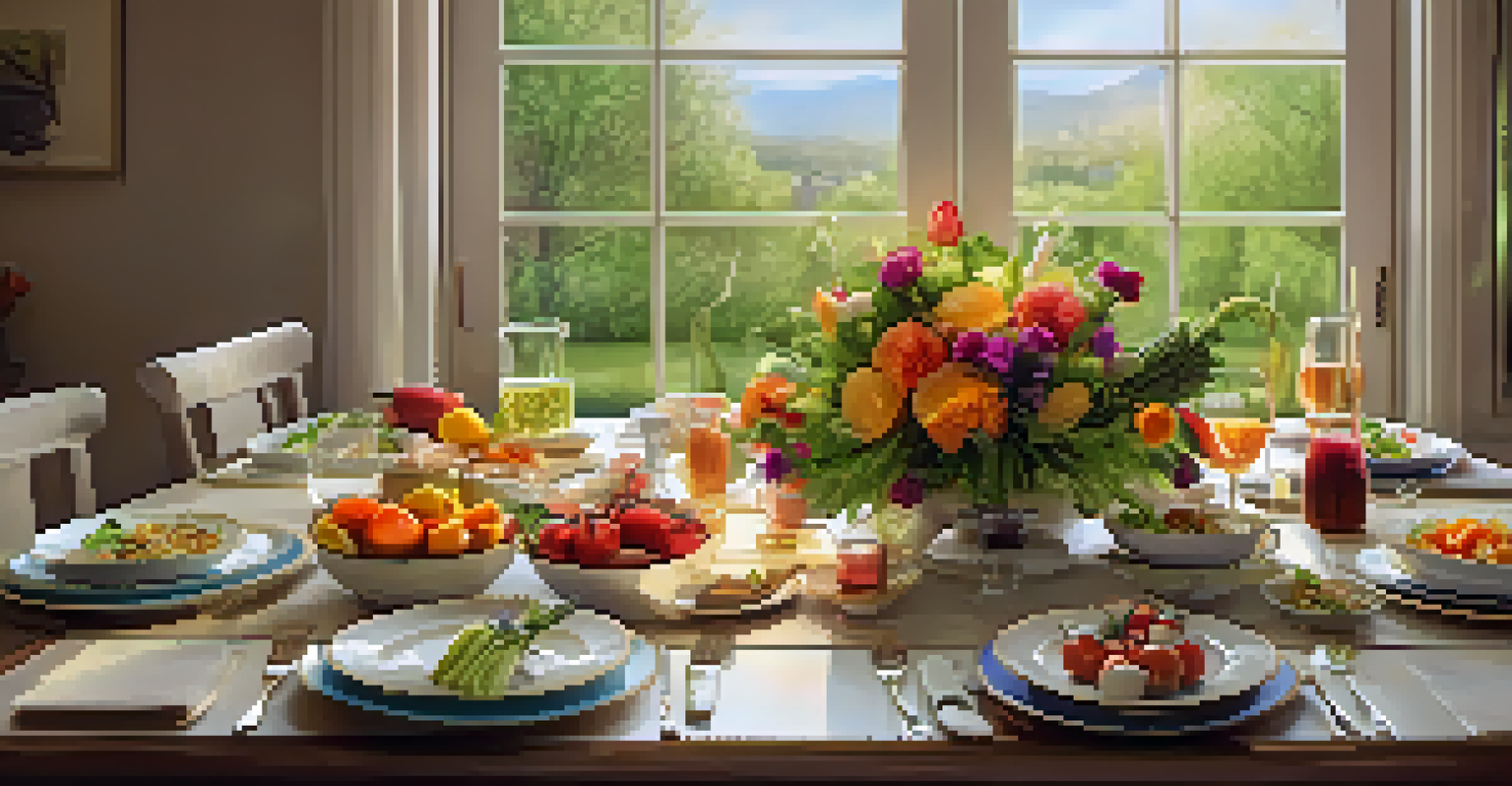A beautifully arranged dining table set for a family dinner with a colorful vegetarian meal and soft candlelight.