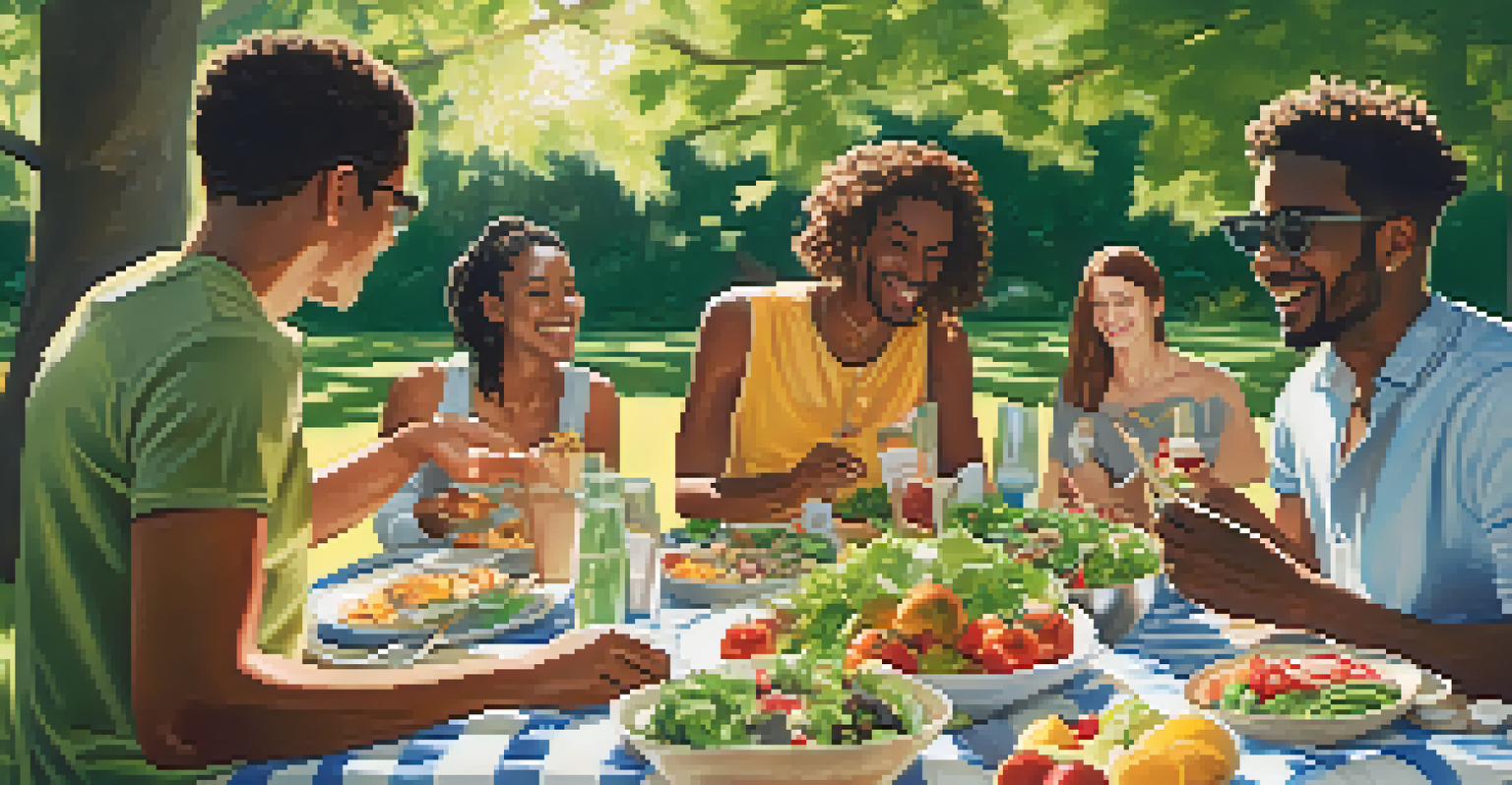 A group of friends enjoying a vegetarian picnic in a sunny park, surrounded by colorful dishes and greenery.