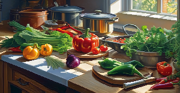 A bright kitchen with fresh vegetables on a countertop and a person chopping bell peppers, with a pot of vegetable stew cooking on the stove.