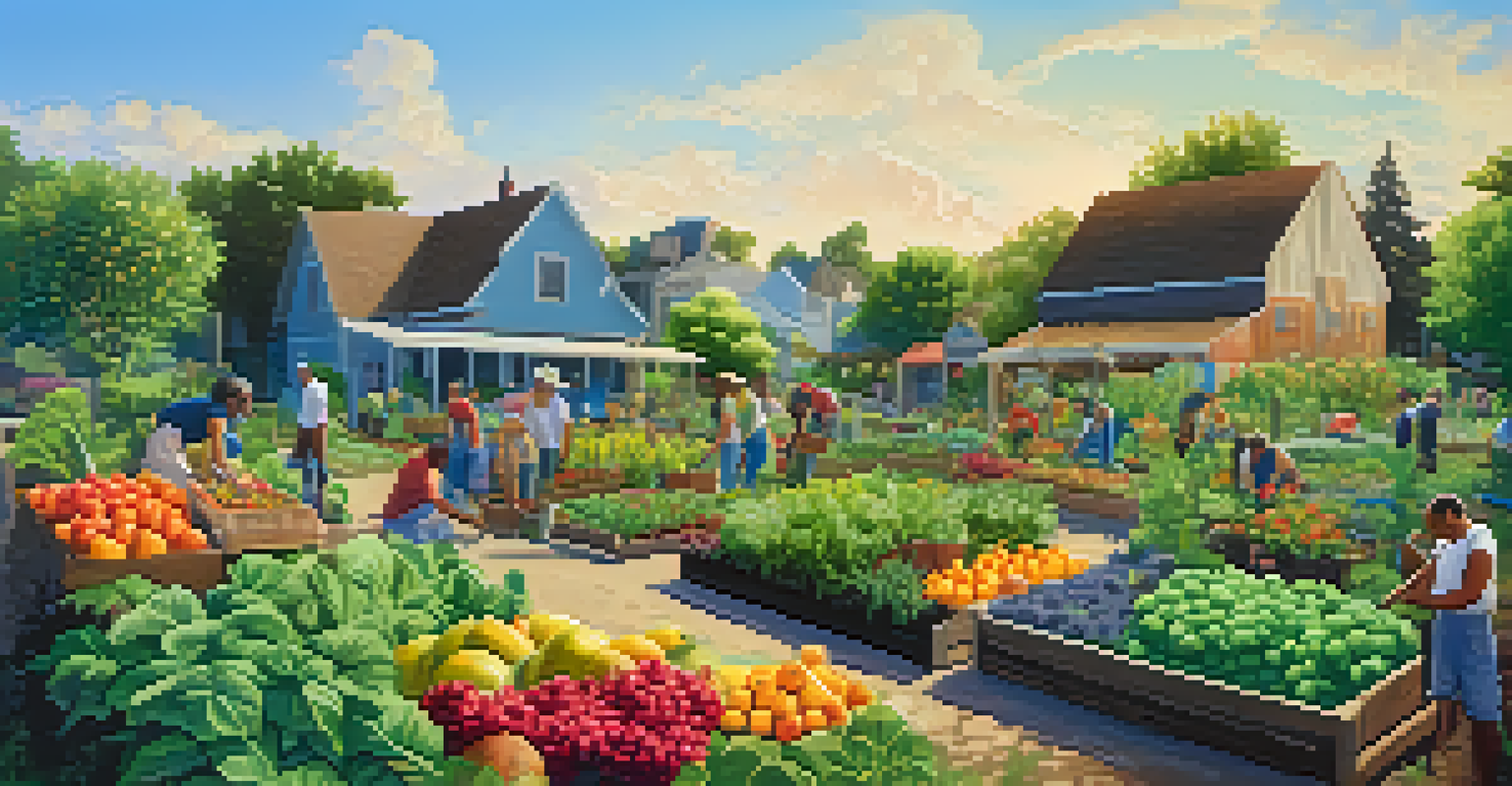 A busy community garden with people of different backgrounds planting and harvesting fruits and vegetables under a sunny sky.