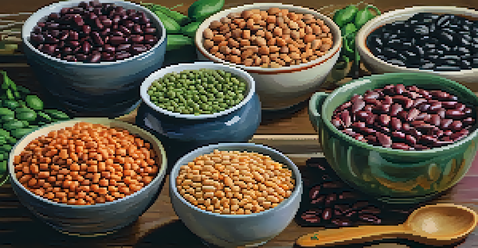 A collection of bowls filled with different legumes like lentils and black beans, set against a softly lit kitchen background.
