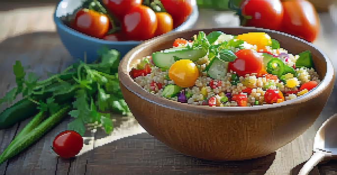 A colorful quinoa salad with cherry tomatoes, cucumbers, and bell peppers, garnished with fresh herbs on a wooden table under soft sunlight.