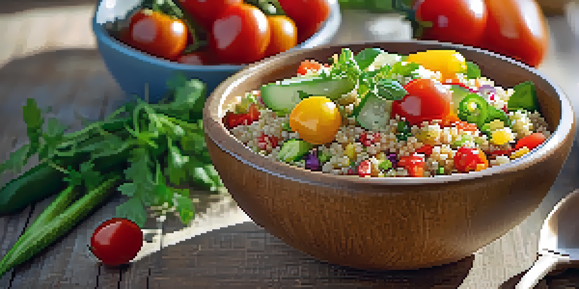 A colorful quinoa salad with cherry tomatoes, cucumbers, and bell peppers, garnished with fresh herbs on a wooden table under soft sunlight.