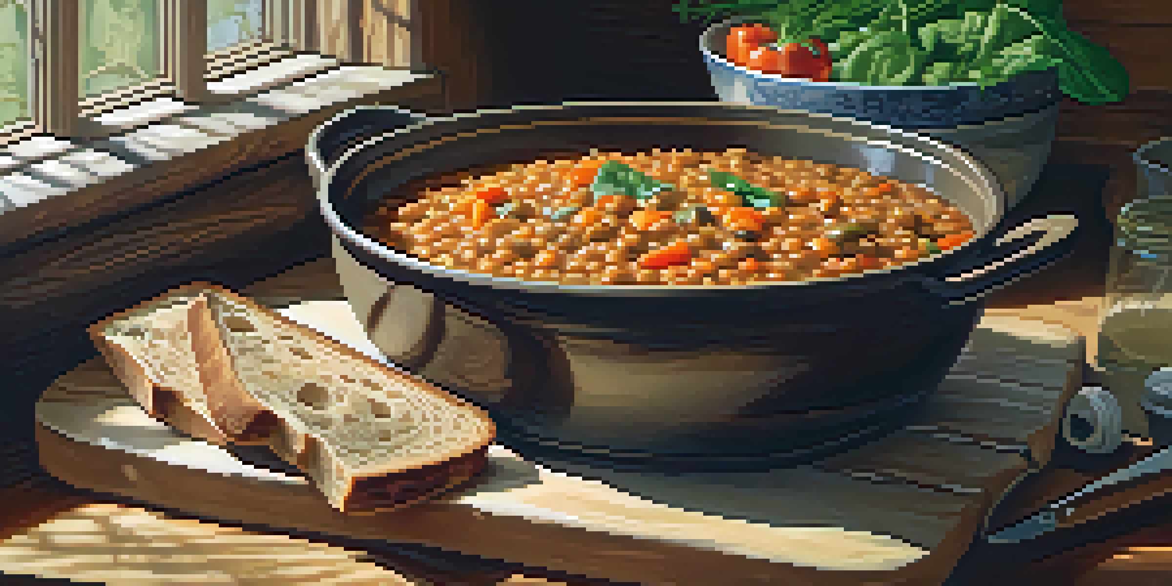 A warm and inviting kitchen scene featuring a bowl of colorful lentil and vegetable stew on a wooden table, with a loaf of bread nearby.