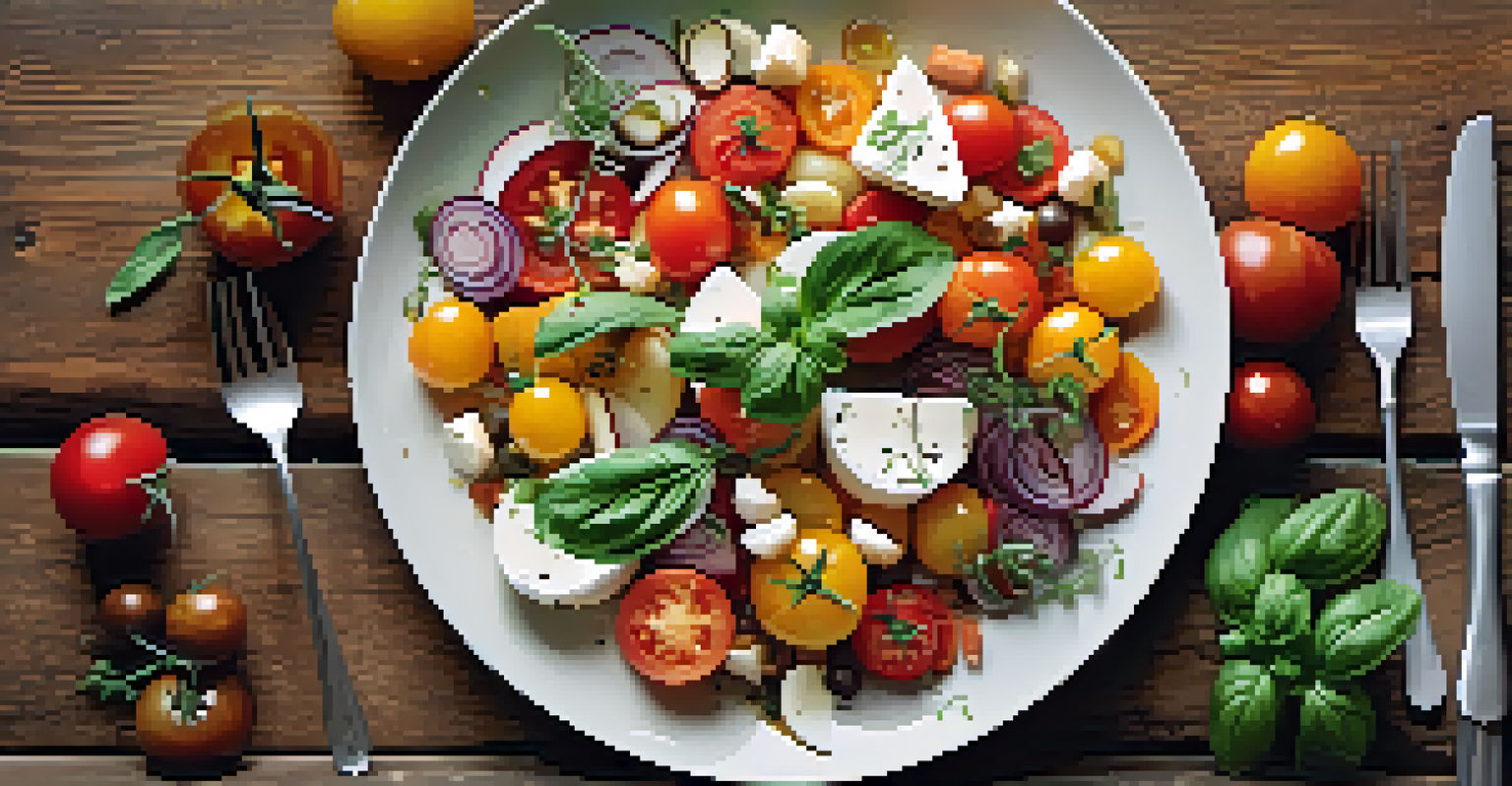 An artistic presentation of seasonal dishes including a summer salad and roasted root vegetables on a rustic table.