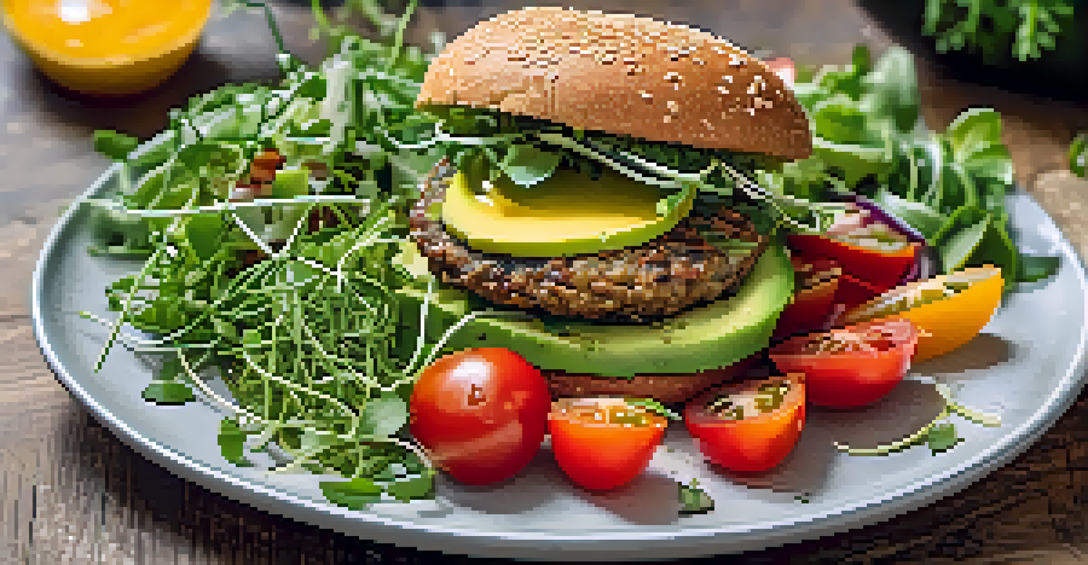 A colorful plant-based meal with a lentil burger and a fresh salad, beautifully arranged on a rustic wooden table.