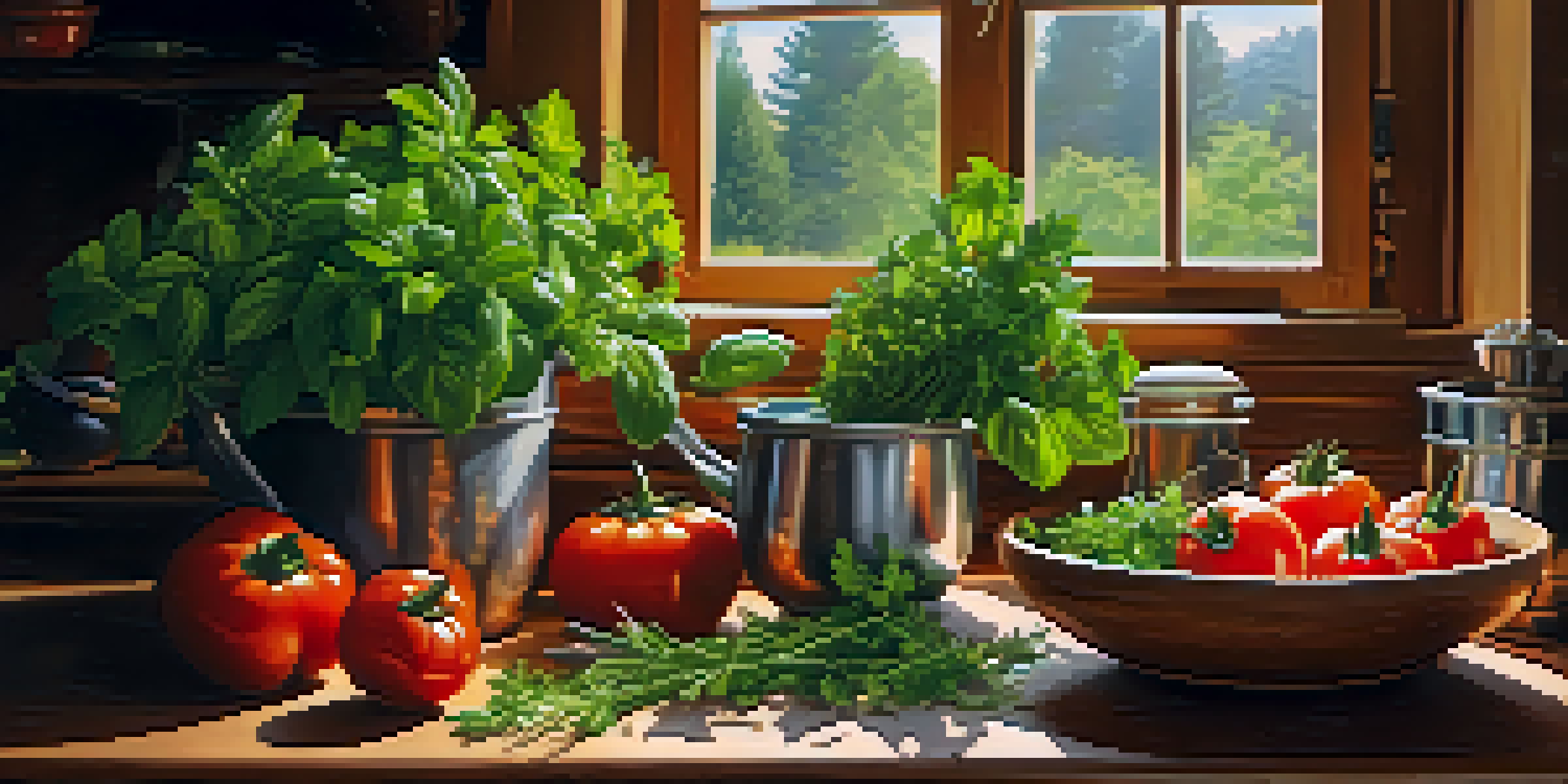 A bright kitchen with fresh herbs in a bowl and colorful vegetables on a rustic table, illuminated by sunlight.