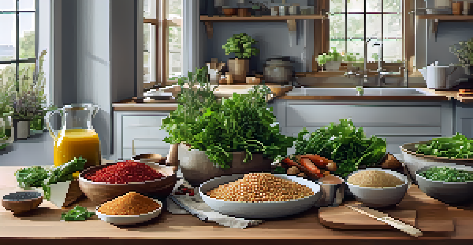 A kitchen countertop filled with chickpeas, quinoa, fresh vegetables, and spices, alongside a chopping board and a bowl of mixed greens.
