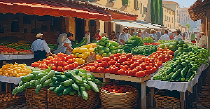 A colorful market stall filled with fresh vegetables like tomatoes, bell peppers, and zucchini under warm sunlight.
