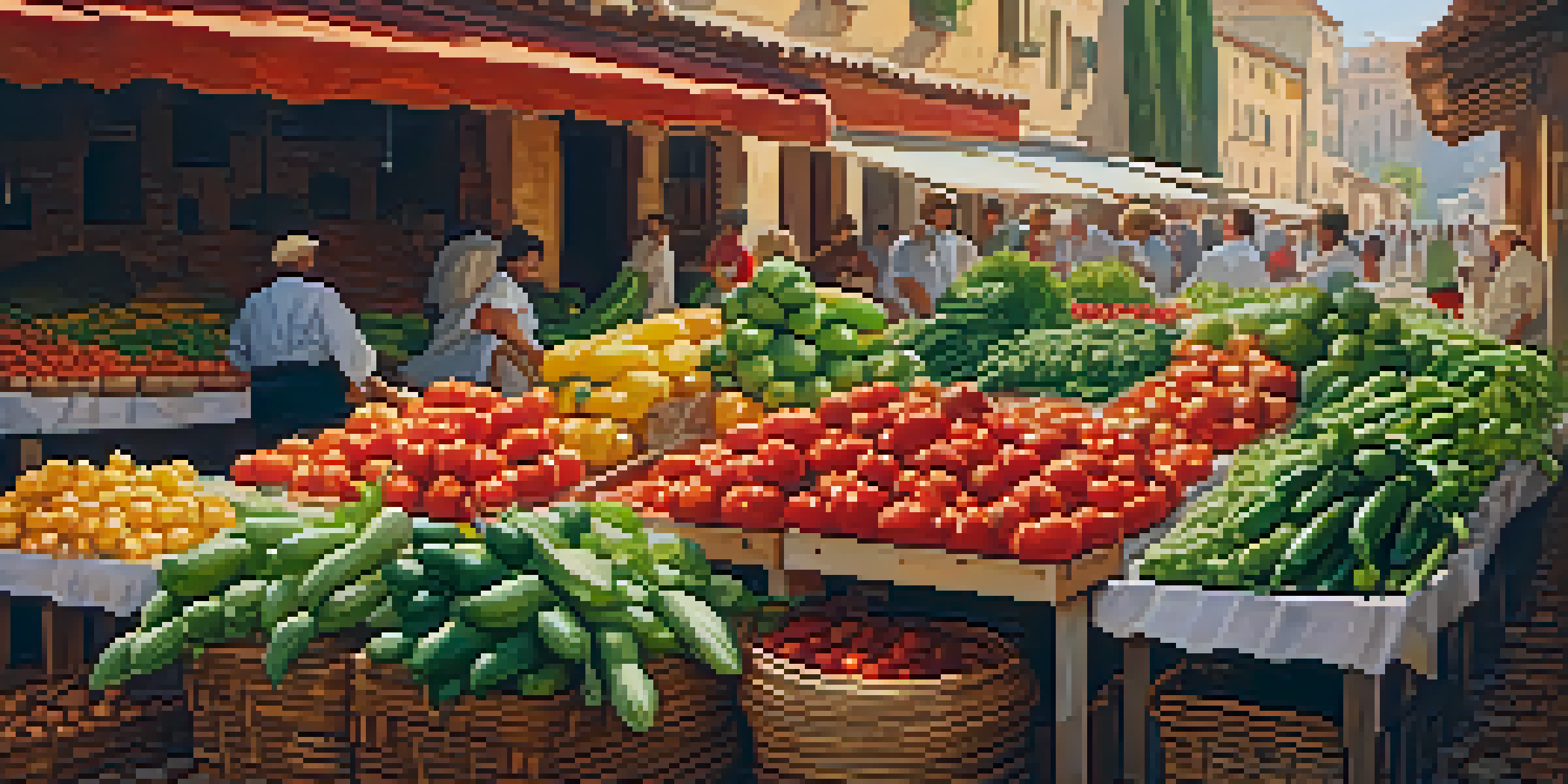 A colorful market stall filled with fresh vegetables like tomatoes, bell peppers, and zucchini under warm sunlight.