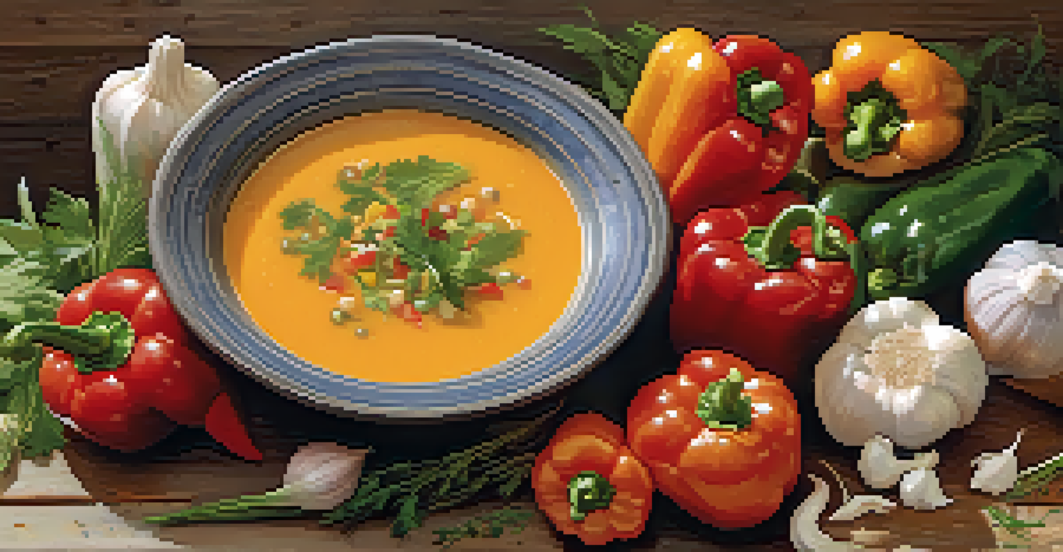 A composition of raw ingredients and a bowl of creamy vegetable soup, captured at a 45-degree angle with soft natural lighting.