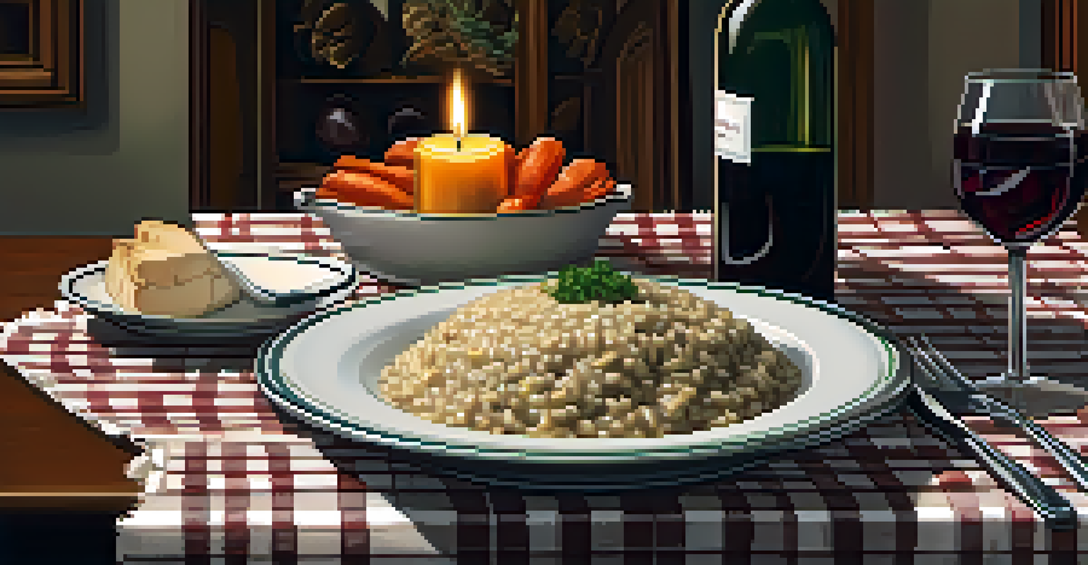 A dining table set with mushroom risotto, roasted vegetables, and wine, creating a cozy atmosphere.