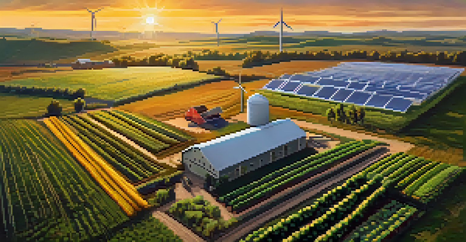 A farm depicting sustainable practices with solar panels, wind turbines, and diverse crops at sunset.