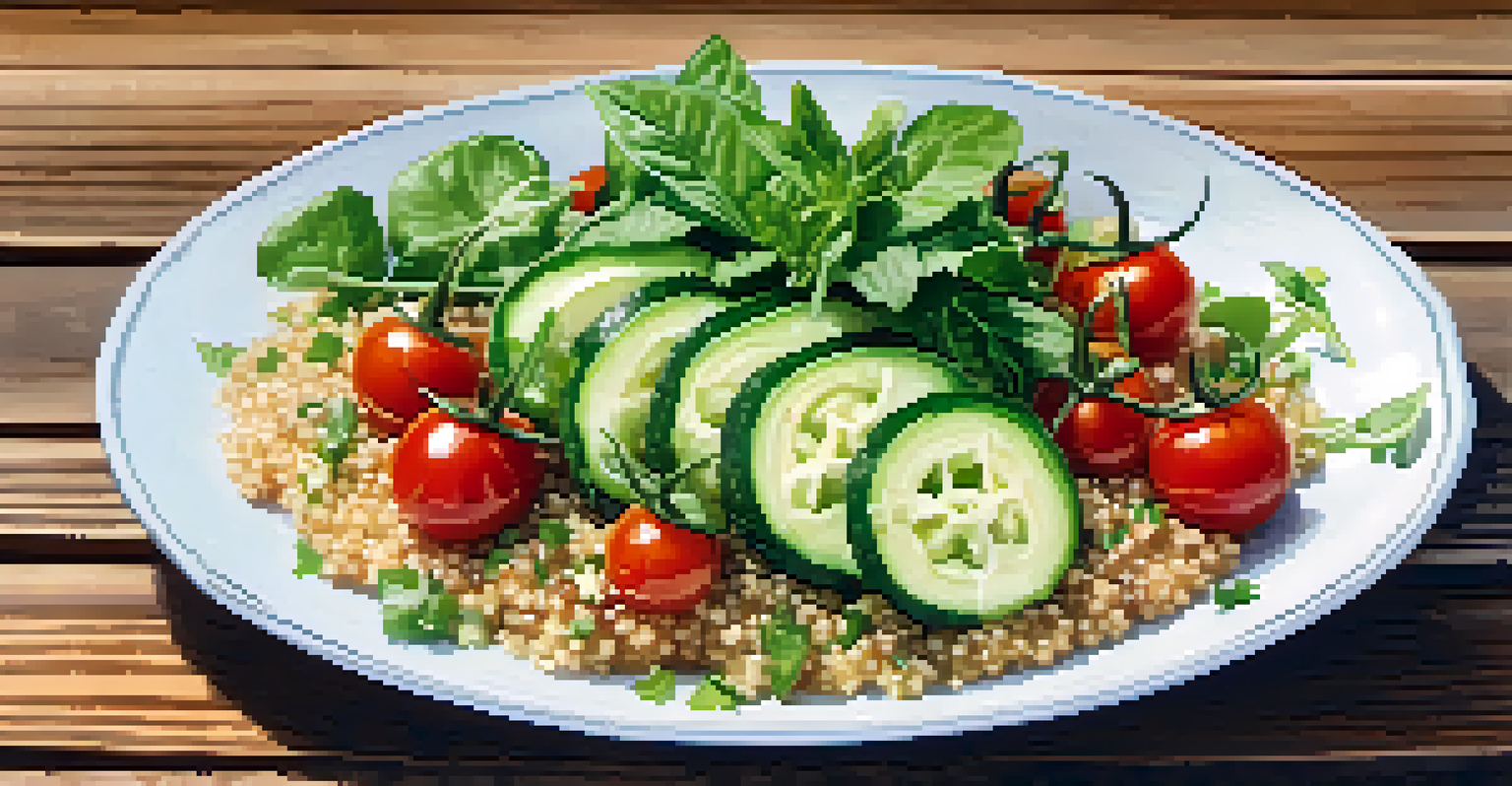 A close-up of a quinoa salad with vegetables, garnished with herbs on a rustic wooden table.