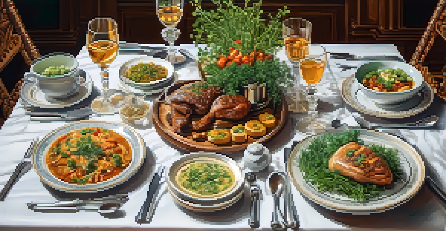 An elegantly set dining table with a variety of international dishes and soft lighting, showcasing a warm and inviting atmosphere.