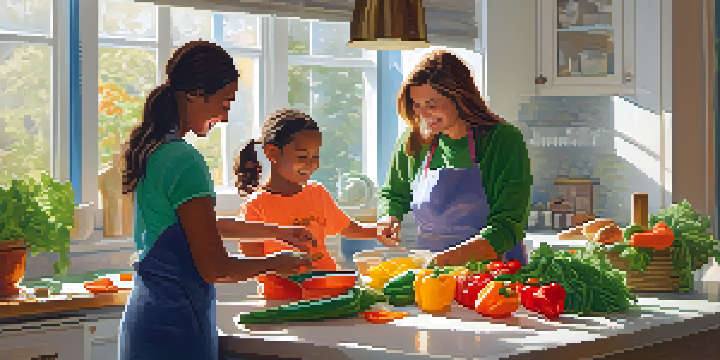A child and parent cooking together in a bright kitchen filled with fresh vegetables and a recipe book.