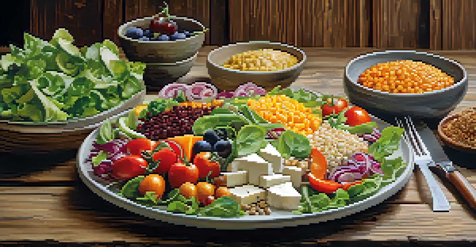 A vibrant dish of vegetarian food with salads, cheeses, and grains on a rustic table.