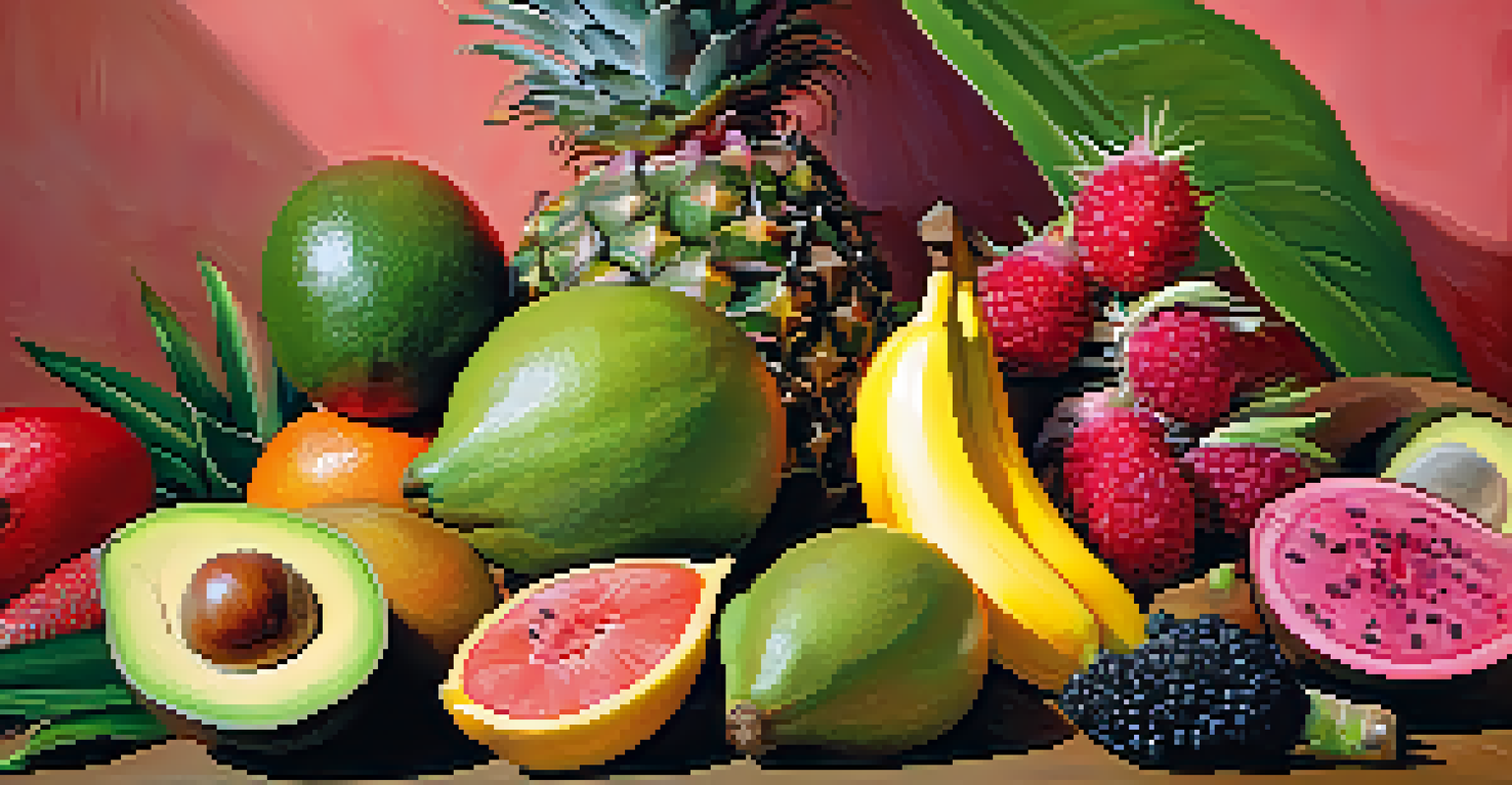 A close-up view of various exotic fruits on a wooden table, showcasing their vibrant colors and textures.