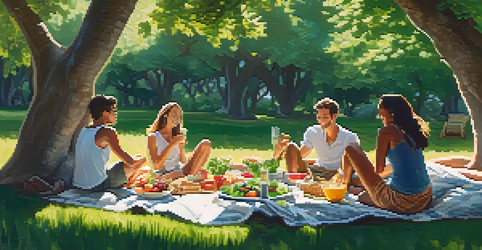 A group of friends enjoying a vegetarian picnic in a lush green outdoor setting, sharing various homemade dishes.