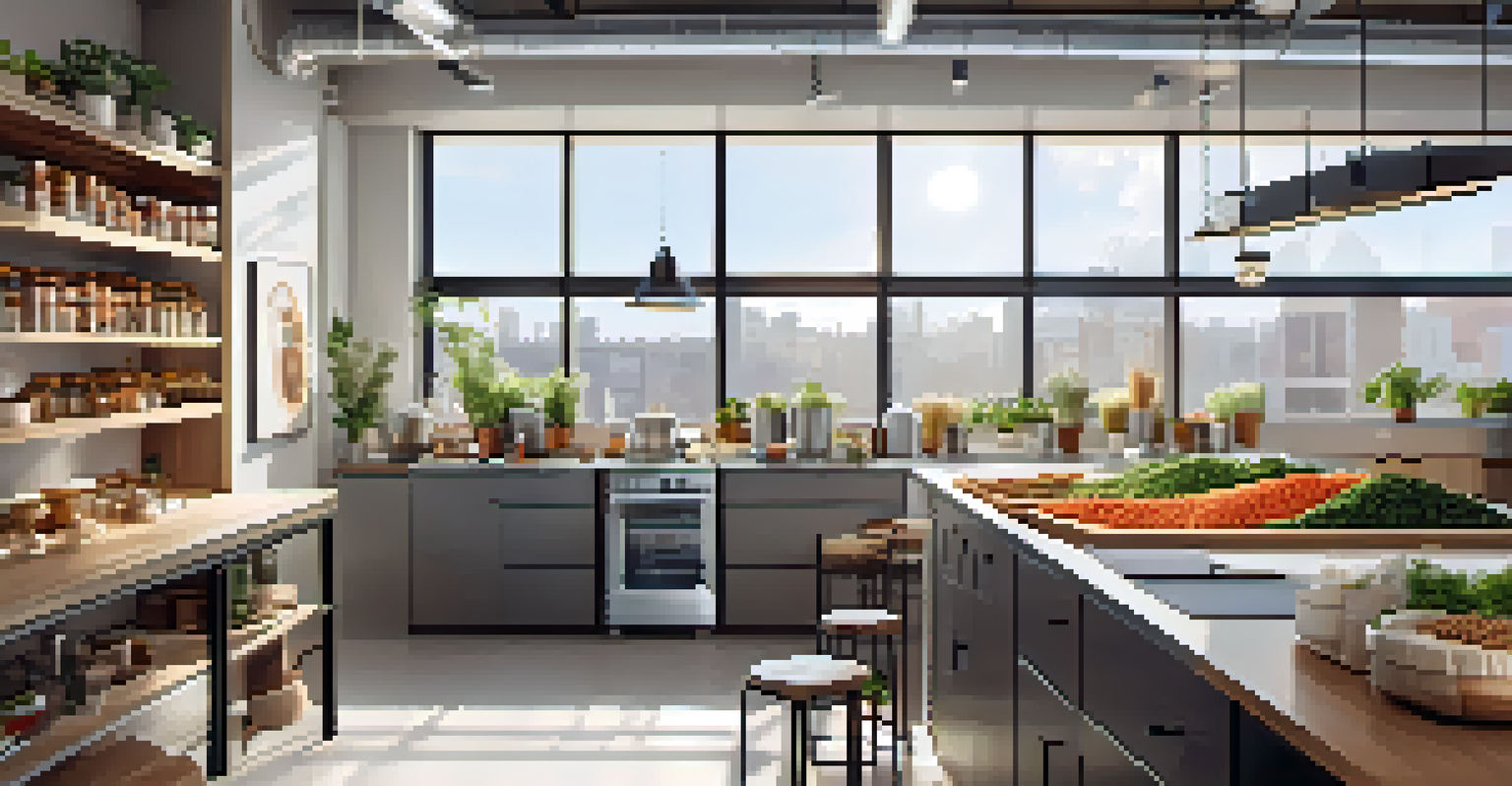 A modern kitchen workspace where a team is creating plant-based snacks, with ingredients and bright sunlight illuminating the room.