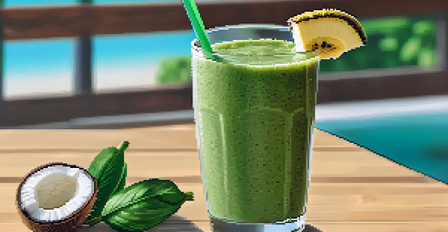 A green smoothie in a glass with chia seeds and a banana slice, with fresh ingredients in the background.