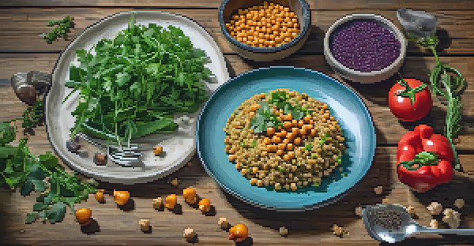 A colorful vegetarian meal with quinoa, roasted vegetables, and chickpeas on a rustic wooden table under natural light.