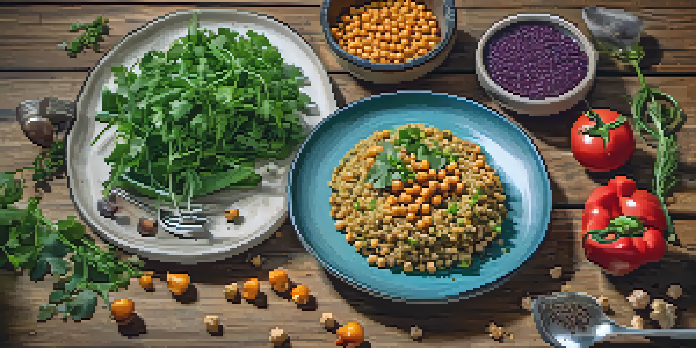 A colorful vegetarian meal with quinoa, roasted vegetables, and chickpeas on a rustic wooden table under natural light.