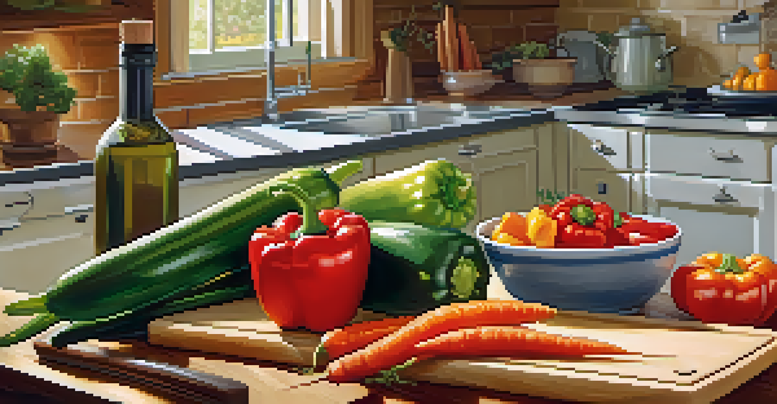 A cozy kitchen scene with colorful vegetables on a cutting board and olive oil, illuminated by warm light, promoting healthy cooking.