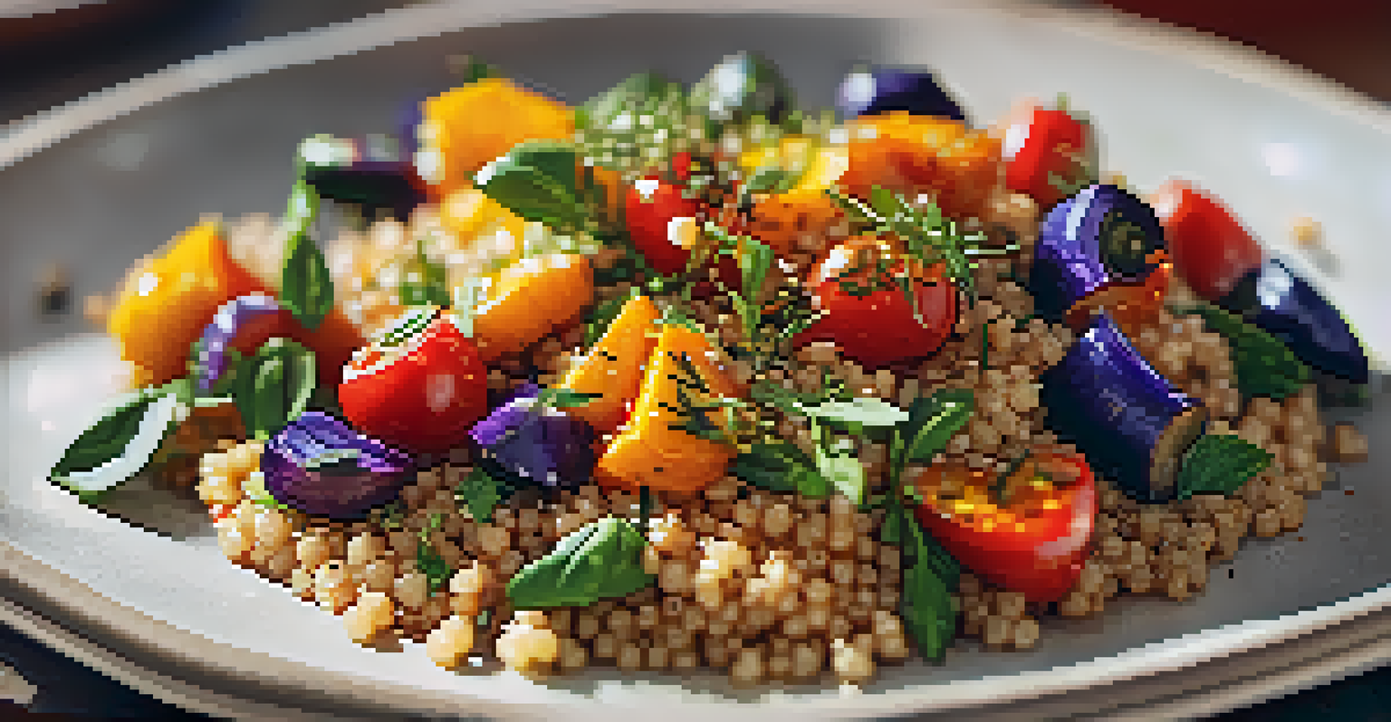 A close-up view of a beautifully plated plant-based meal with quinoa and roasted vegetables.