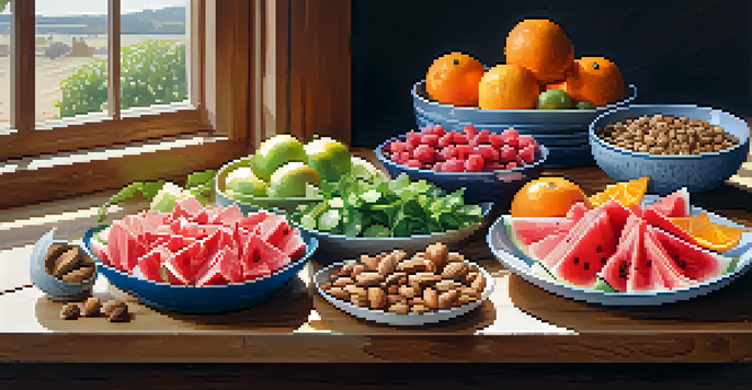 A table filled with a variety of raw vegetarian foods, including salads, fruits, and nuts, illuminated by sunlight.