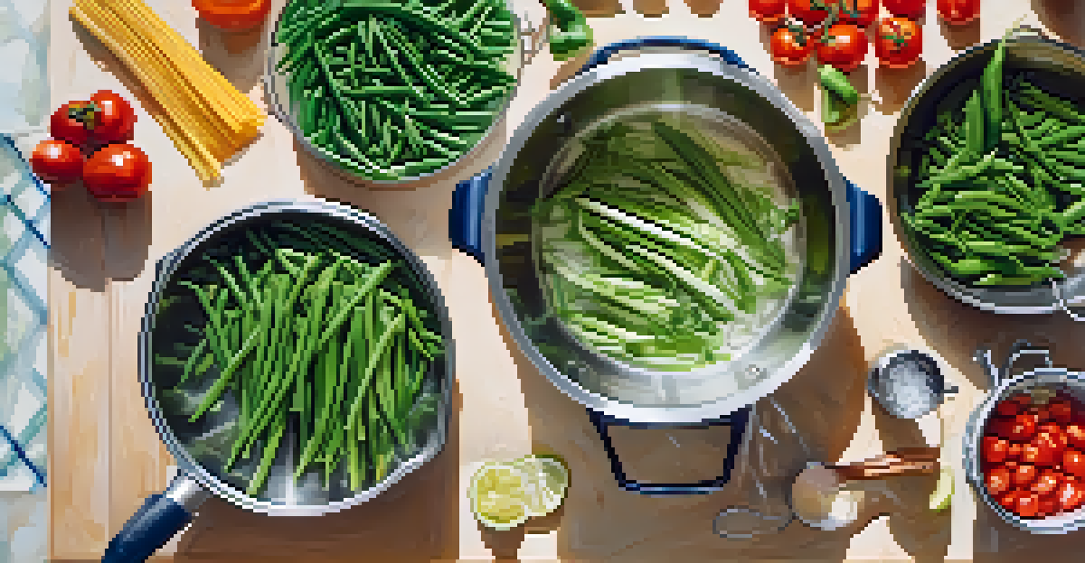 An overhead view of someone preparing vegetables for canning with a pot and cutting board.