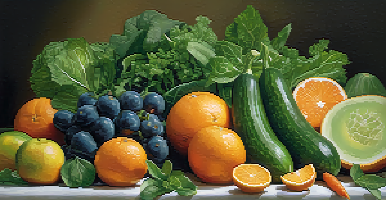 A close-up view of fresh fruits and vegetables in a bowl, showcasing their textures and colors with a blurred background.