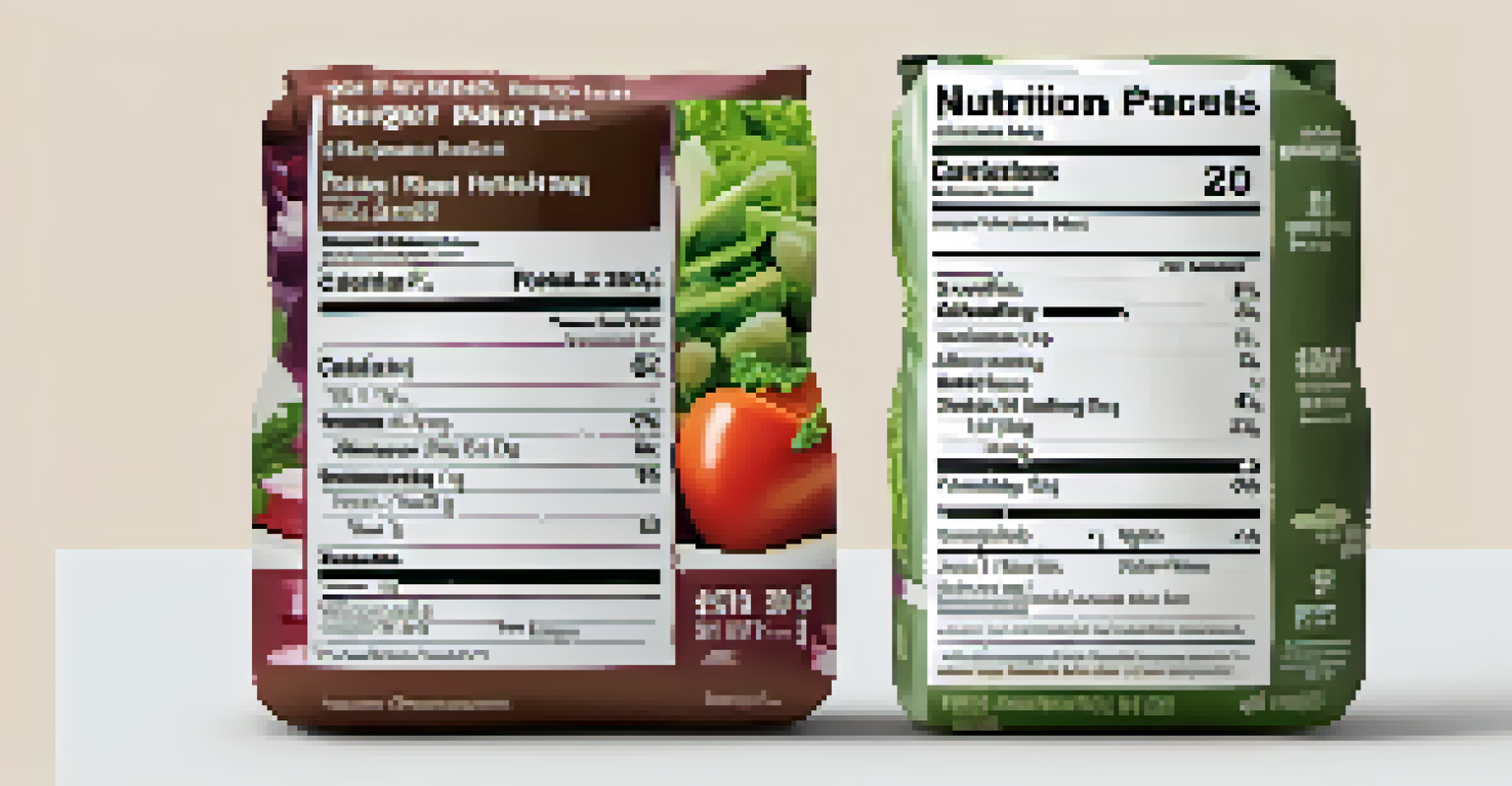 Two nutrition labels of plant-based burgers shown side by side for comparison, with fresh vegetables in the background.