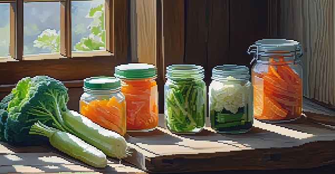 A variety of fermented vegetables displayed on a wooden table, showcasing kimchi, pickled carrots, and sauerkraut under soft natural light.
