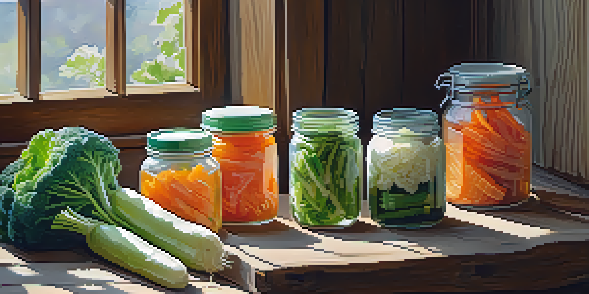 A variety of fermented vegetables displayed on a wooden table, showcasing kimchi, pickled carrots, and sauerkraut under soft natural light.