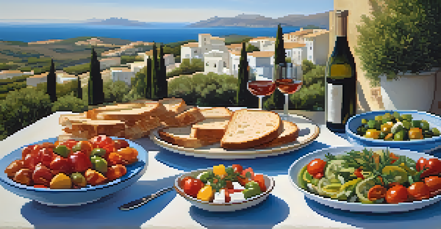 A rustic outdoor table set with Mediterranean vegetarian dishes, surrounded by olive trees and a bright blue sky.