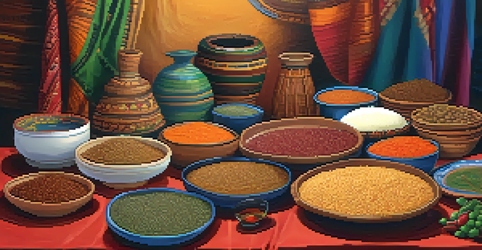An Ethiopian dining table set with injera and various colorful lentil stews, surrounded by traditional baskets and tableware in a warmly lit environment.