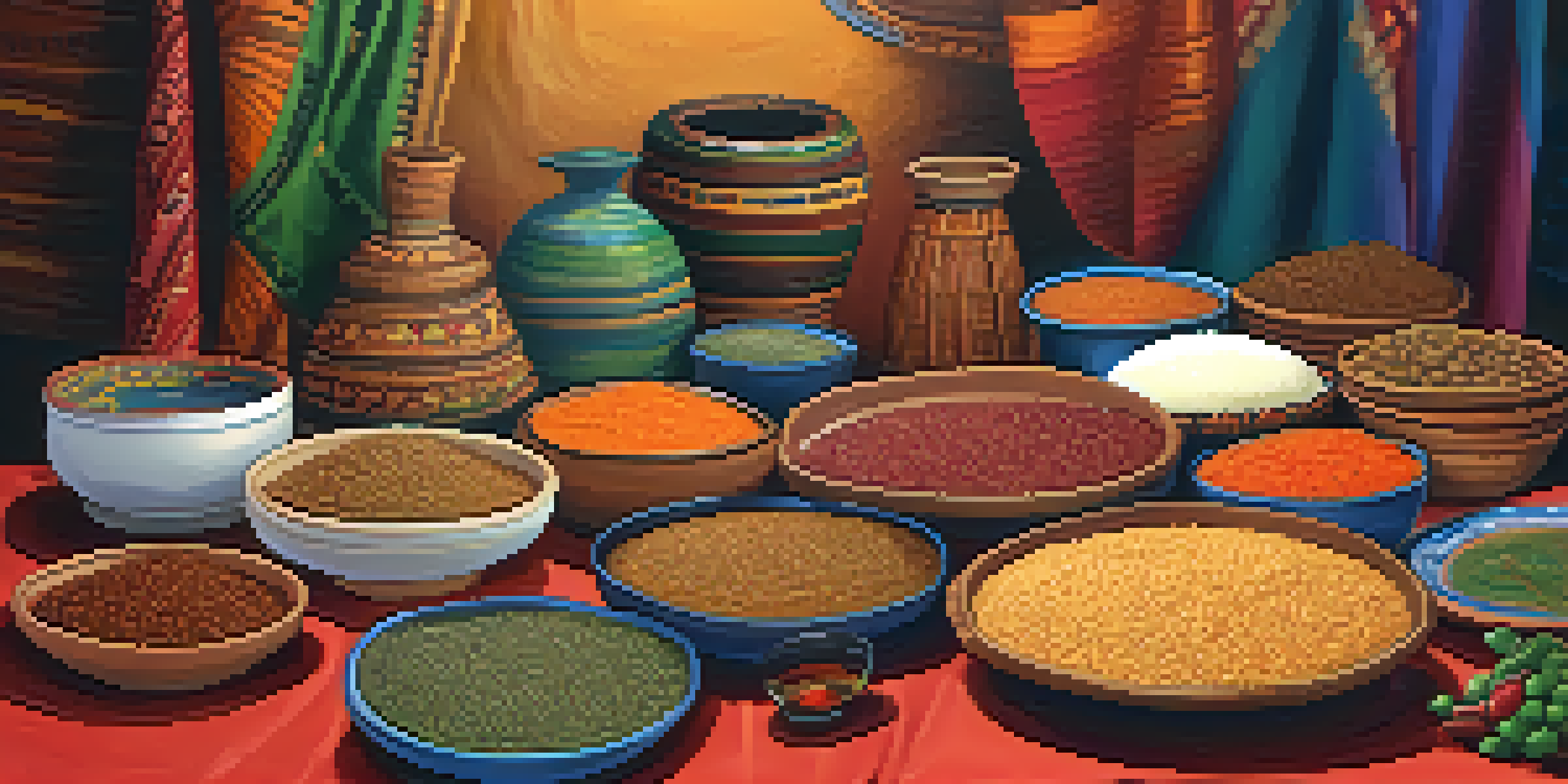 An Ethiopian dining table set with injera and various colorful lentil stews, surrounded by traditional baskets and tableware in a warmly lit environment.