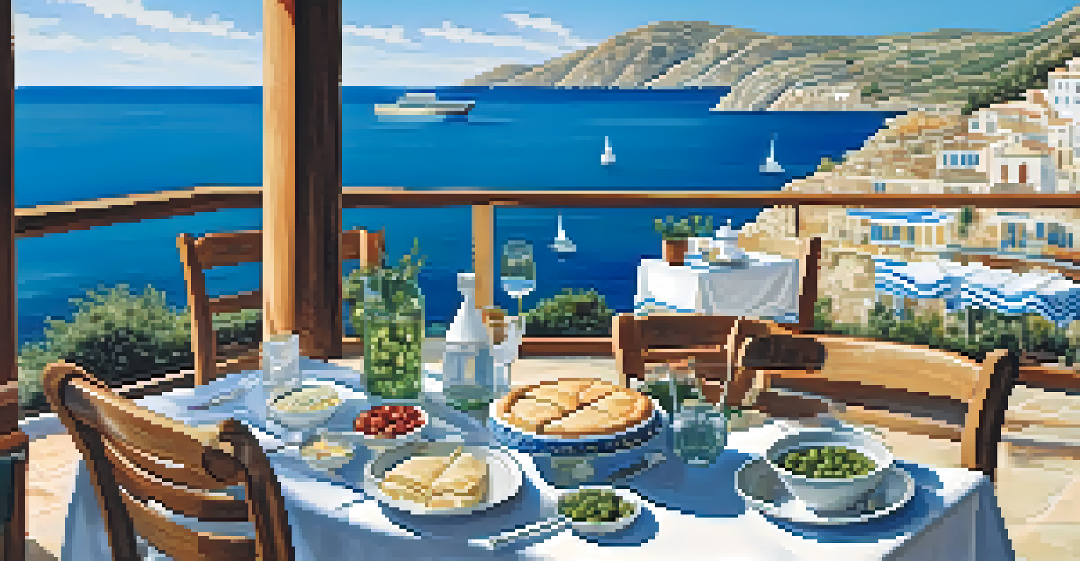 A Greek café by the sea with a table set for a meal, featuring spanakopita, tzatziki, and olives, against a backdrop of blue sky and sea.