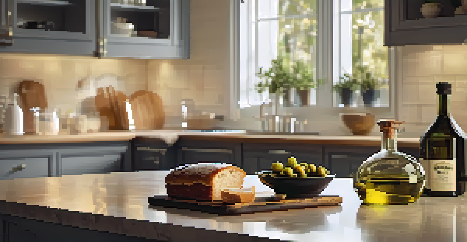 A kitchen countertop with a bottle of olive oil, a bowl of olives, and a loaf of bread, set in a warm and cozy atmosphere with soft lighting and greenery in the background.