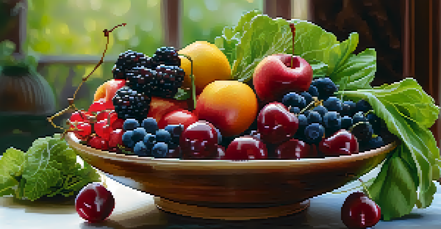 A close-up of a bowl filled with colorful fruits and vegetables like berries, cherries, and leafy greens, with a softly blurred background highlighting the produce's vibrant colors.